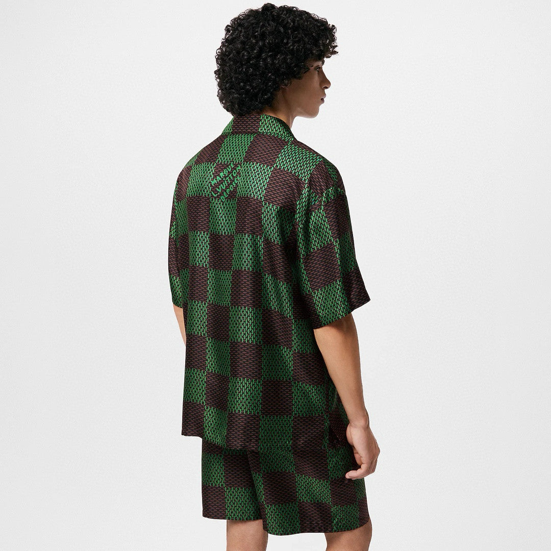 Louis Vuitton Men's Summer Green Checkerboard Logo Pattern Single Breasted Loose Short Sleeved Shirt High Waisted Elastic Leisure Shorts Pants Sei Suit #98616