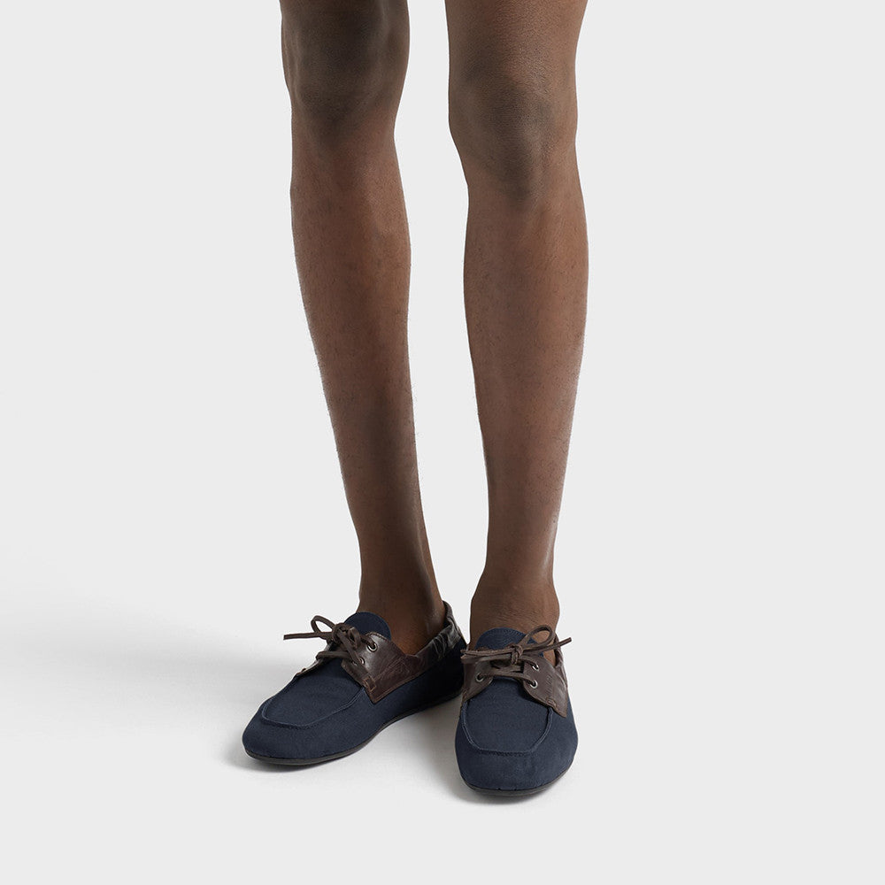 PRADA Shuffle Aged Canvas And Leather Boat Shoes #381722