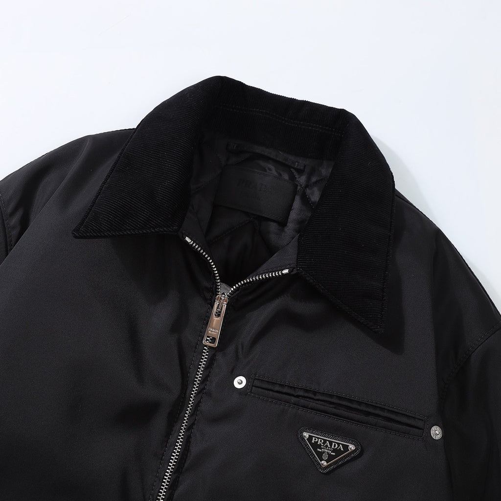 Prada Men's Fall And Winter Black Nylon With Corduroy Zipper Long Sleeved Jacket #73321