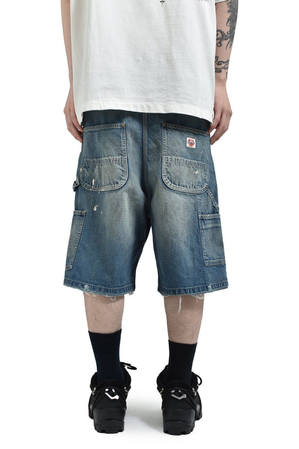 Saint Michael Men's And Women's Summer Distressed Vintage Loose-Fit Denim Shorts Solid Color Straight Leg Splash Print Hem Ripped Shorts Ngvp #2275