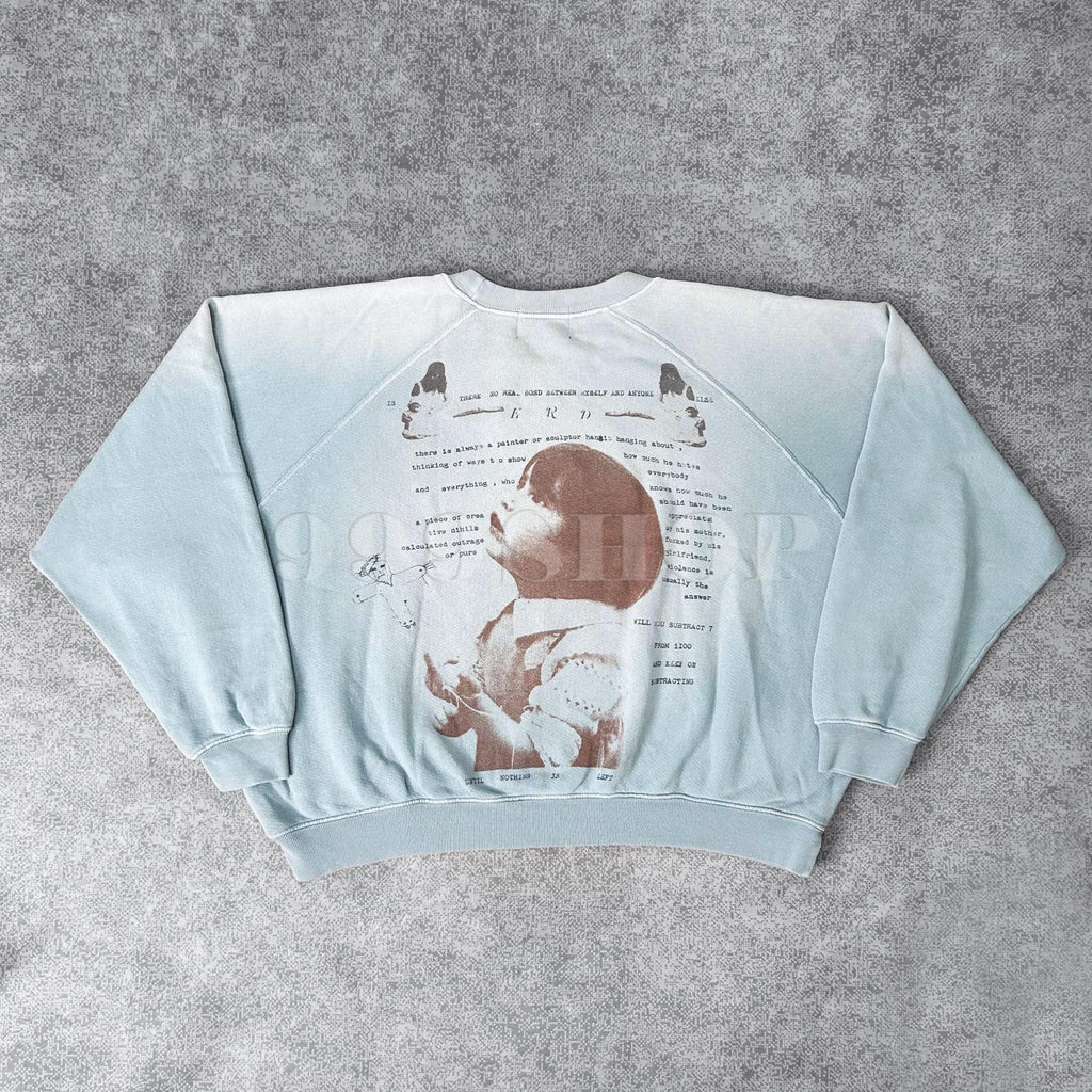 Enfants Riches Deprimes Diva Print Washed Haze Blue Raglan Sleeve Sweatshirt #333685