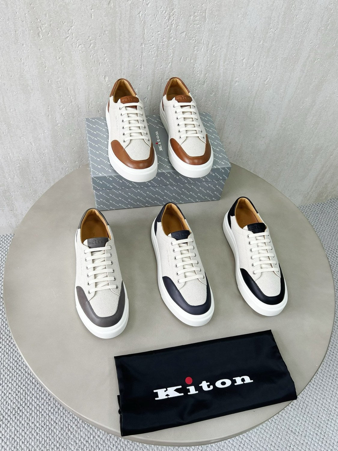Kiton Men's Four Seasons Colour Block Canvas Leather Low Top Flat Lace Up Casual Shoes #76987