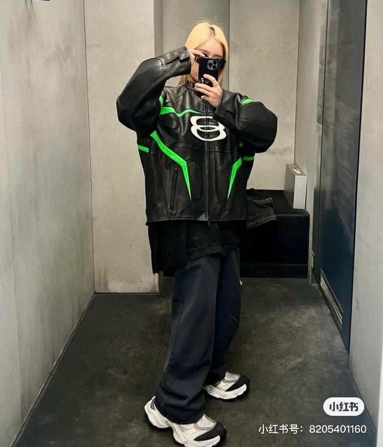 Balenciaga Men's Women's Autumn And Winter Cowhide Splicing Zipper Letters Embroidery Long Beard Loose Unity Sports Idol Black Racer Jacket Ngvp #8577