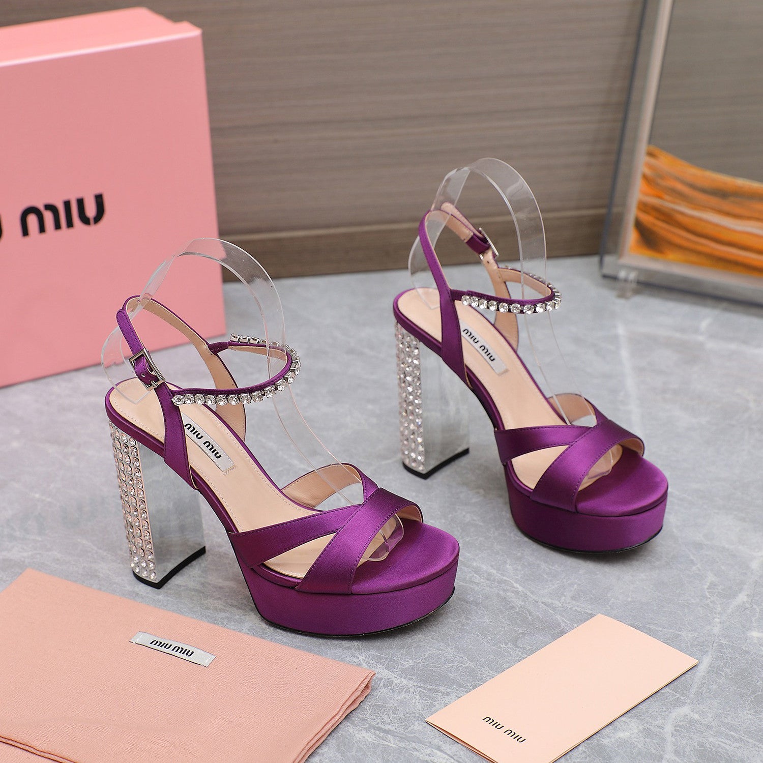 MiuMiu Women's Summer Solid Colour Sheepskin Diamonds High Heeled Sandals Shoes #76786