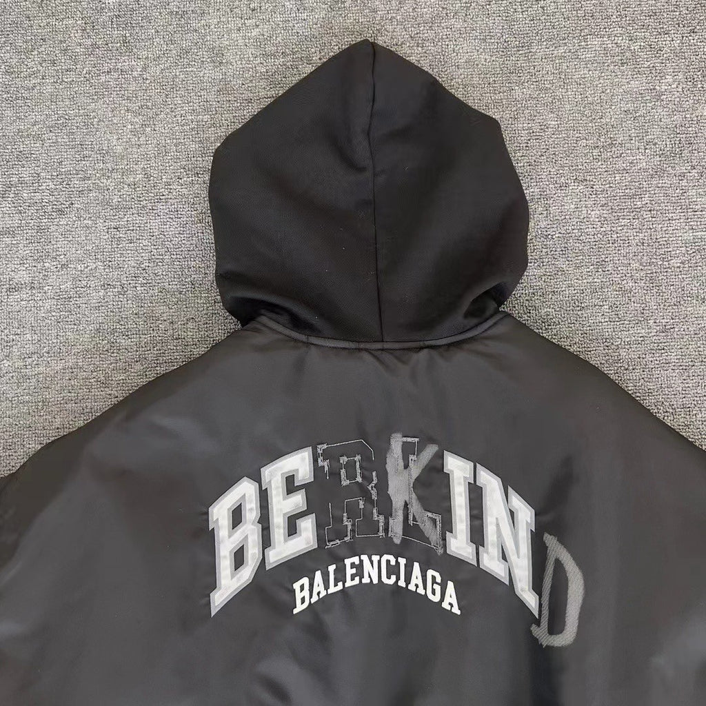 Balenciaga Men's Winter Black Nylon Embroidered Logo Hooded Pilot Zipper Long Sleeve Jacket #98145