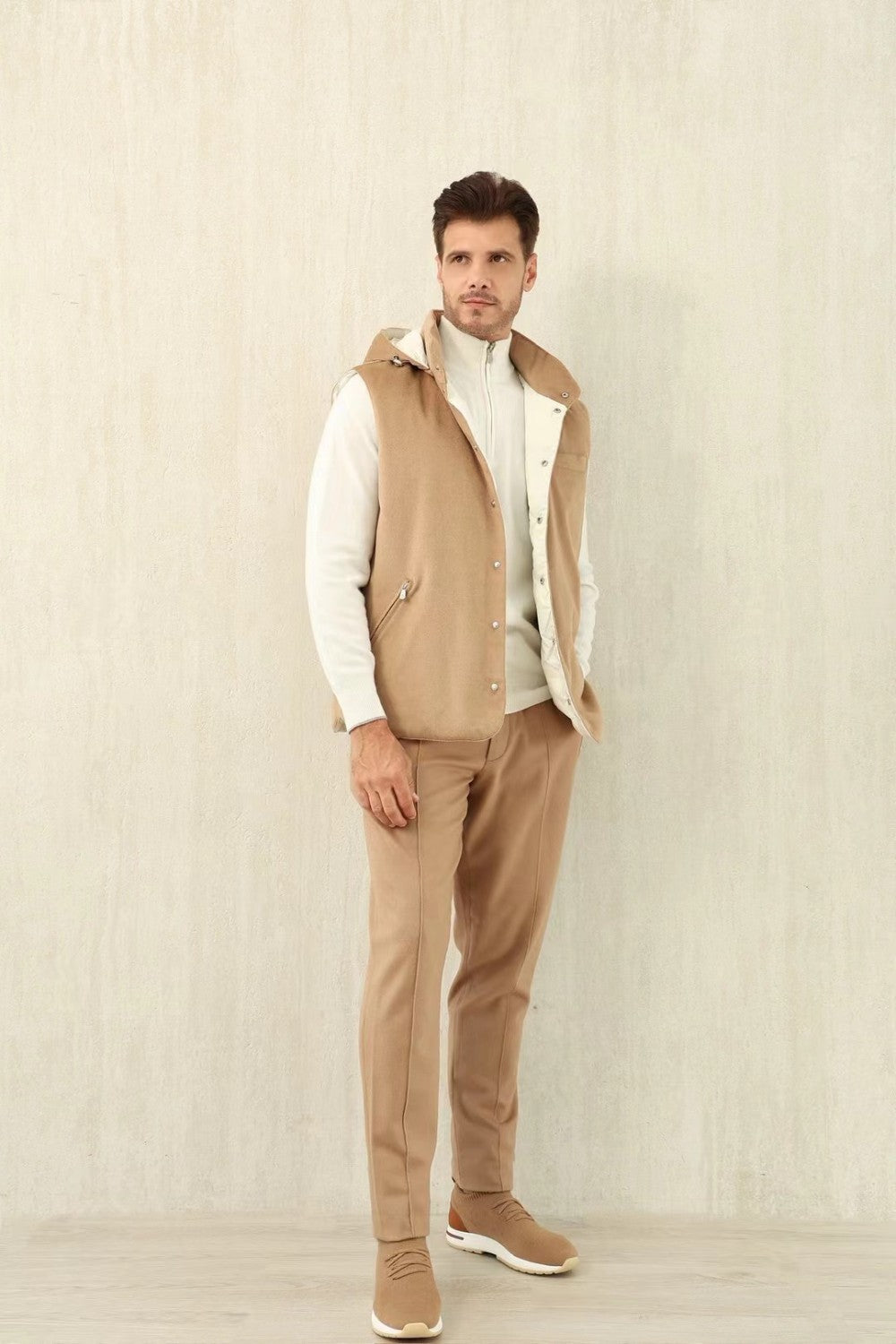 Brunello Cucinelli Men's Spring/Autumn Detachable Hooded Solid Color Single-Breasted Bonded Wool Flannel Down Vest Ngvp #2293