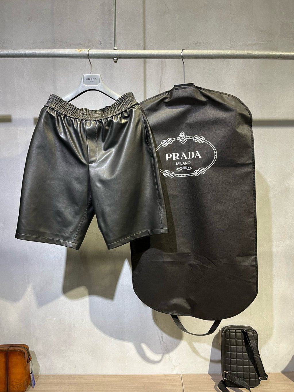 Prada Men's Summer Solid Color Leather Single Breasted Short Sleeve Shirt Stretch Shorts Set Suit #98895