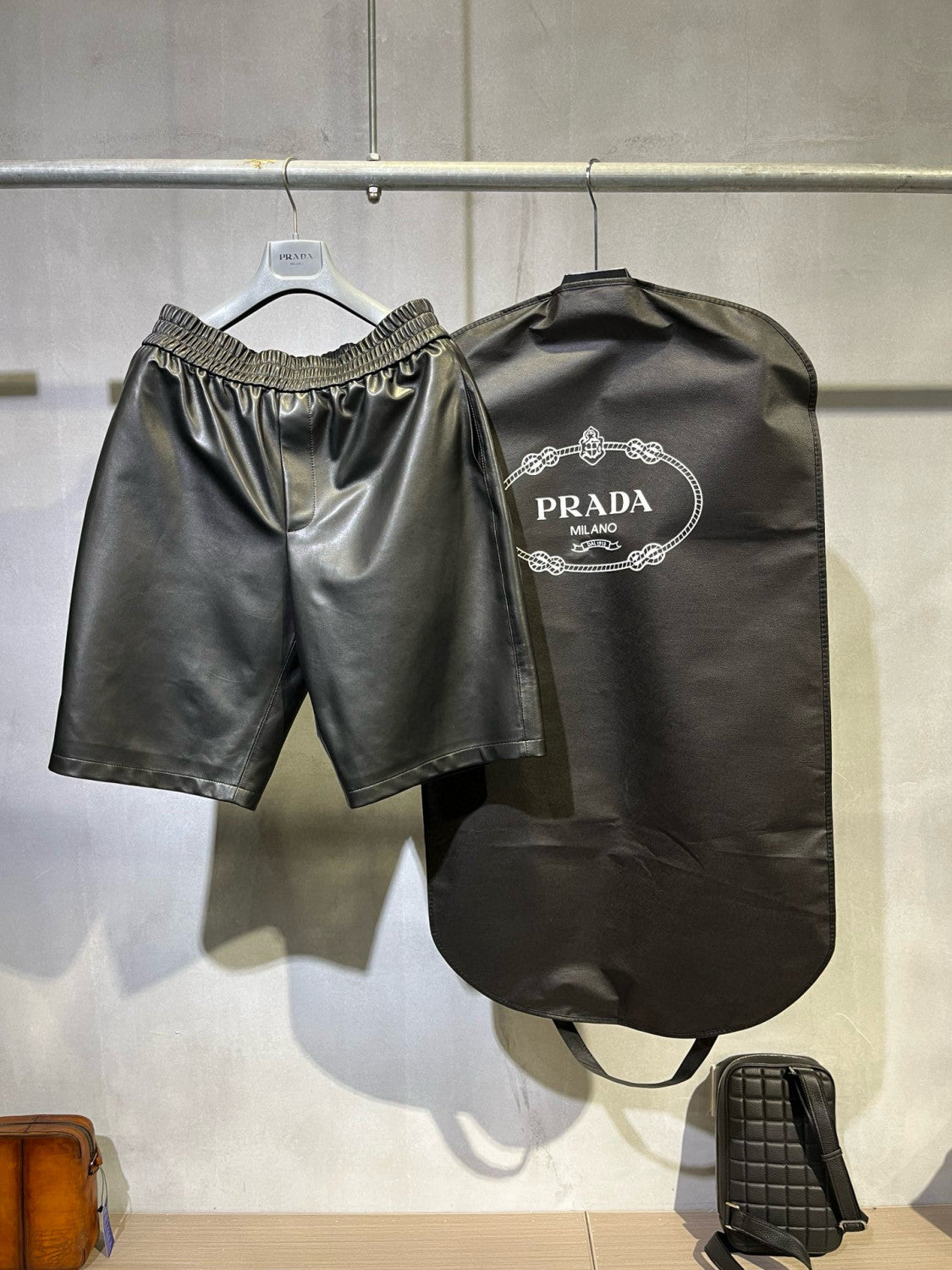 Prada Men's Summer Solid Color Leather Single Breasted Short Sleeve Shirt Stretch Shorts Set Suit #98895