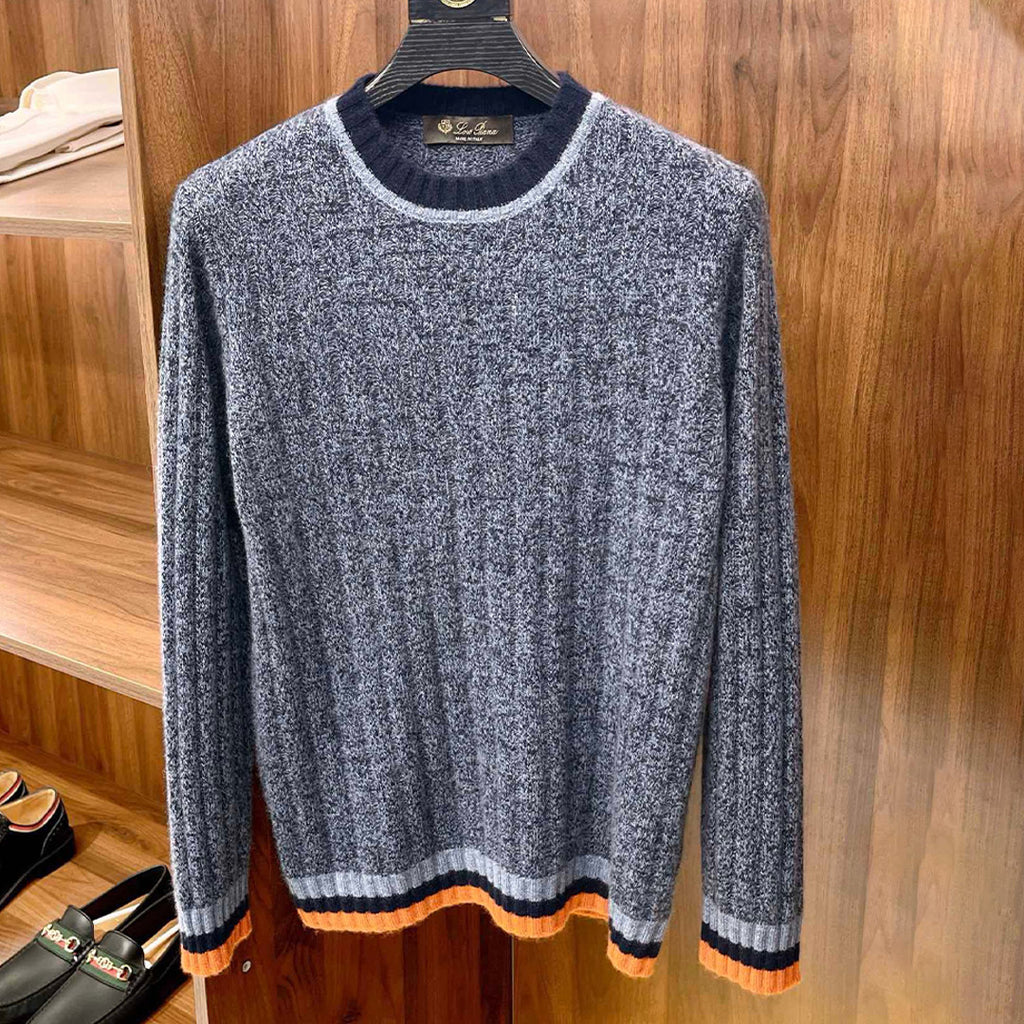 Loro Piana Men's Spring & Autumn Fashion Stripe Color Blocking Long Sleeve Knit Sweater Fit Cashmere Crew Neck Sweater Ngvp #9475