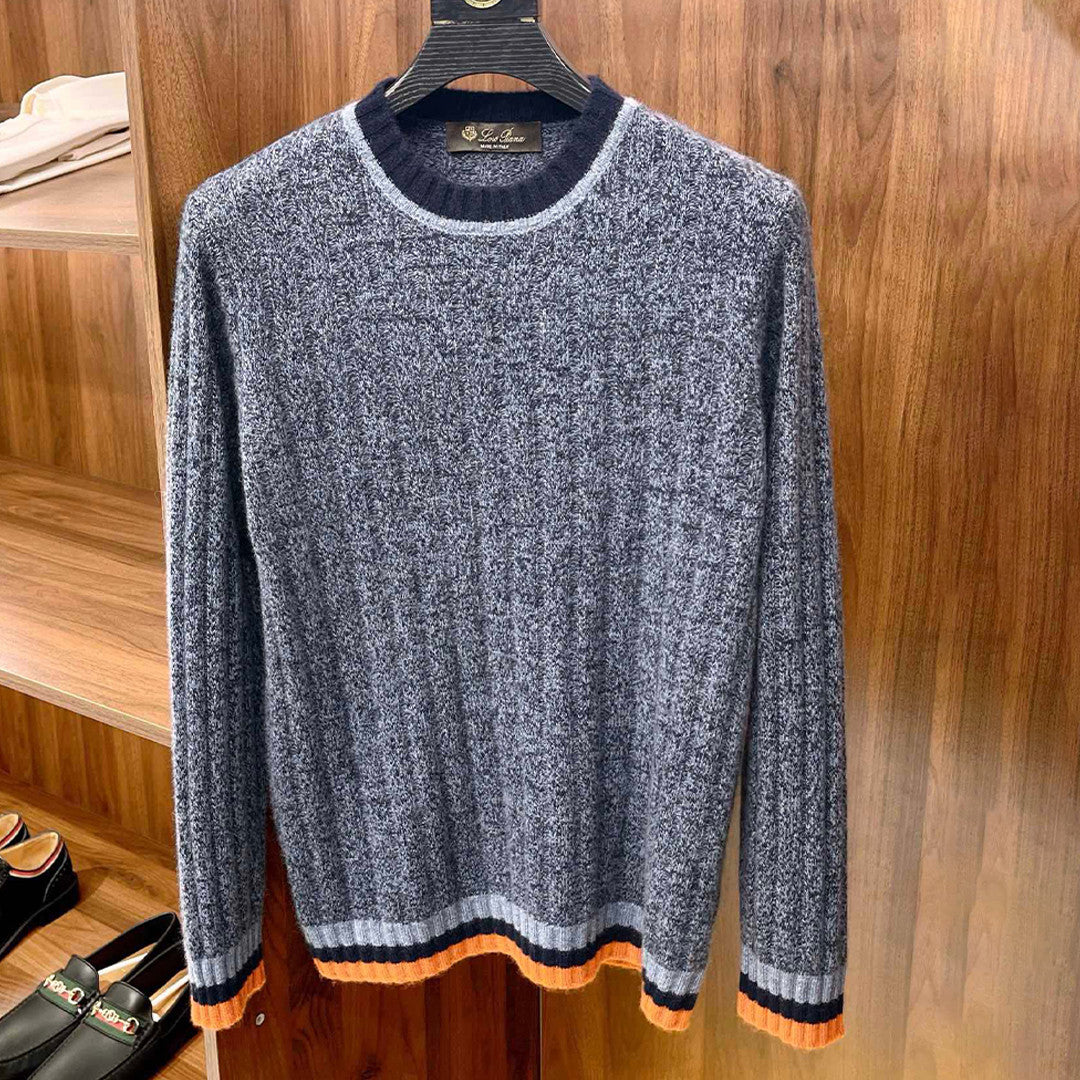 Loro Piana Men's Spring & Autumn Fashion Stripe Color Blocking Long Sleeve Knit Sweater Fit Cashmere Crew Neck Sweater Ngvp #9475