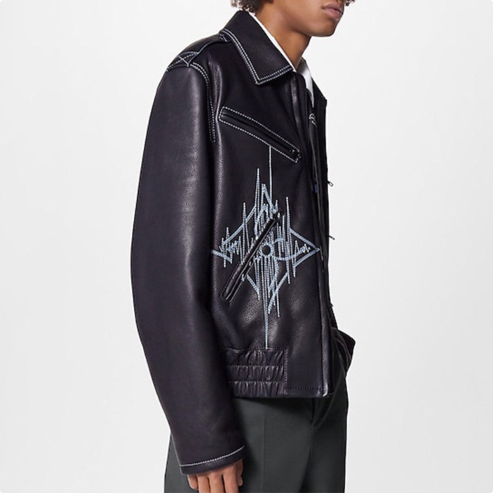Louis Vuitton Men's Fall And Winter Zipper Decoration Lapel Zipper Drawstring Long Sleeved Cowhide Leather Jacket #98479