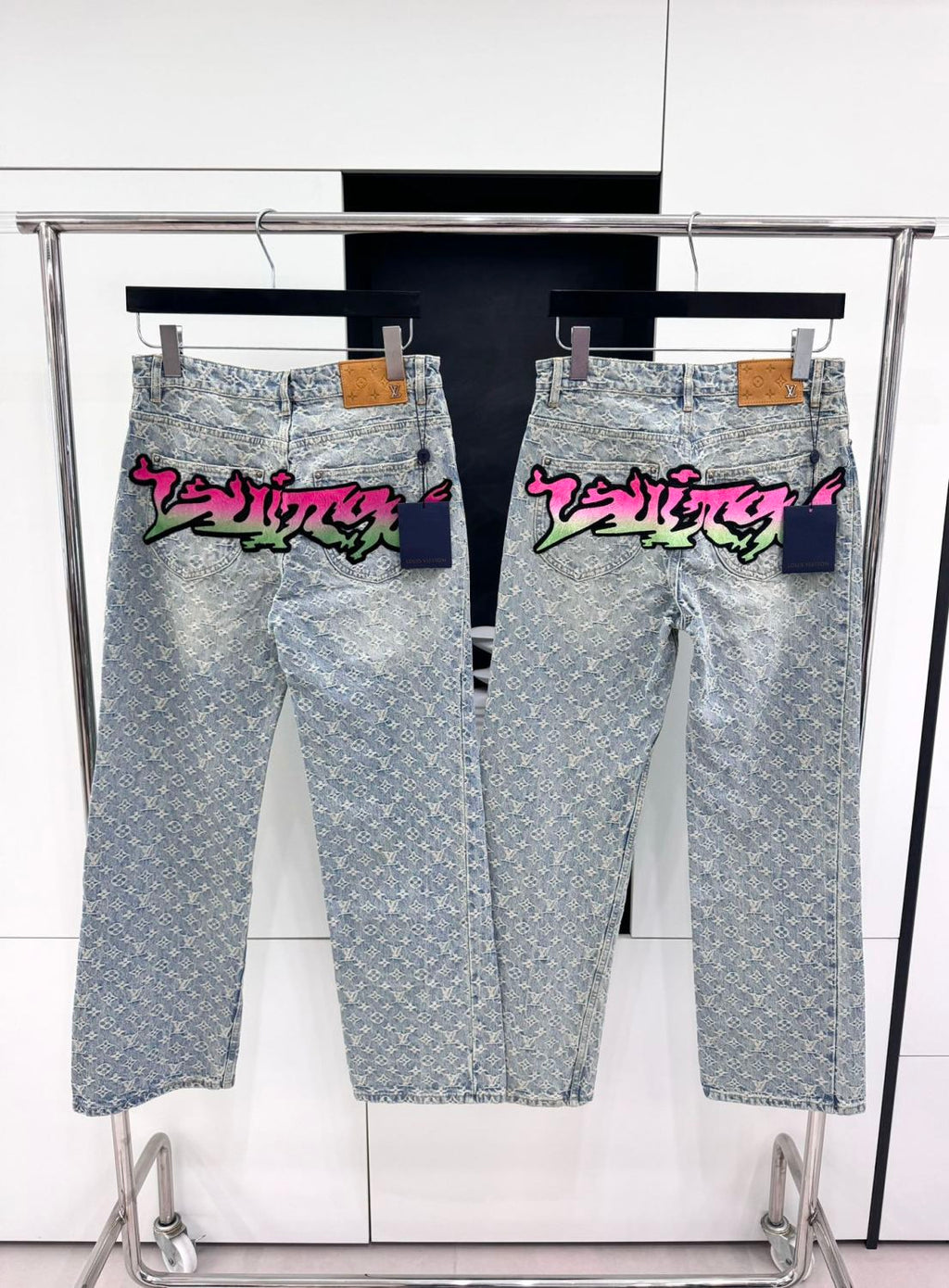 Louis Vuitton Men's Spring and Autumn Blue Logo Full Print Letter Graffiti Jeans Pants #73256