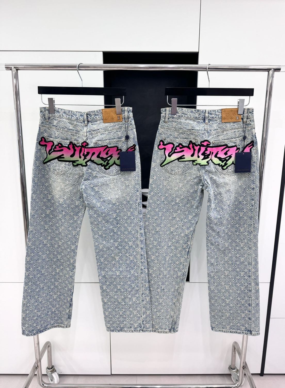 Louis Vuitton Men's Spring and Autumn Blue Logo Full Print Letter Graffiti Jeans Pants #73256