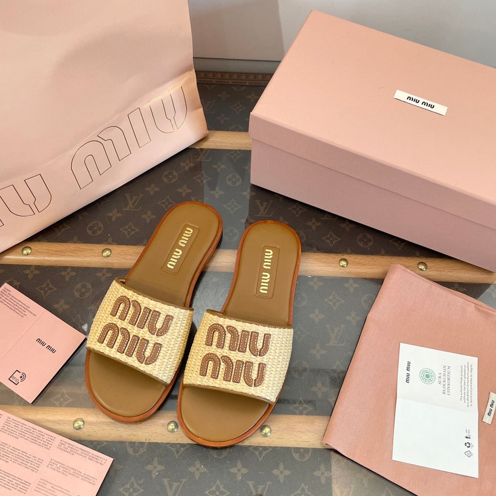MiuMiu Women's Spring/Summer/Fall Logo Raffia Woven Leather Flat Sandals Casual Slippers Shoes #81553