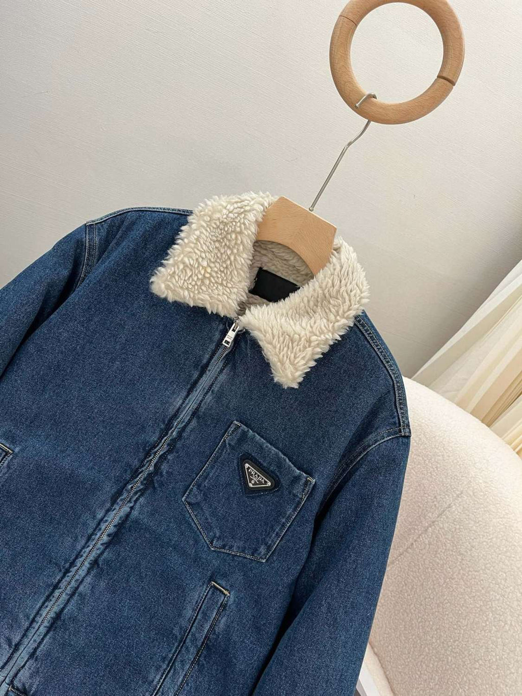 Prada Men's Autumn and Winter Solid Color Lambswool Lapel Long Sleeve Zipper Denim Jacket #74495