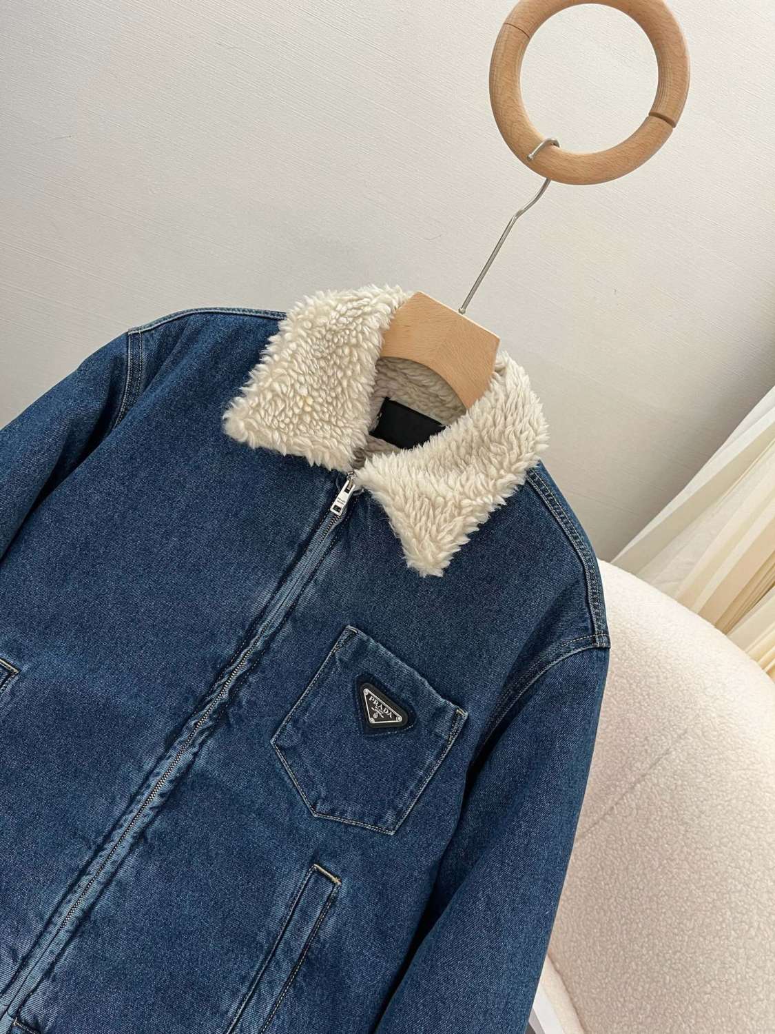 Prada Men's Autumn and Winter Solid Color Lambswool Lapel Long Sleeve Zipper Denim Jacket #74495