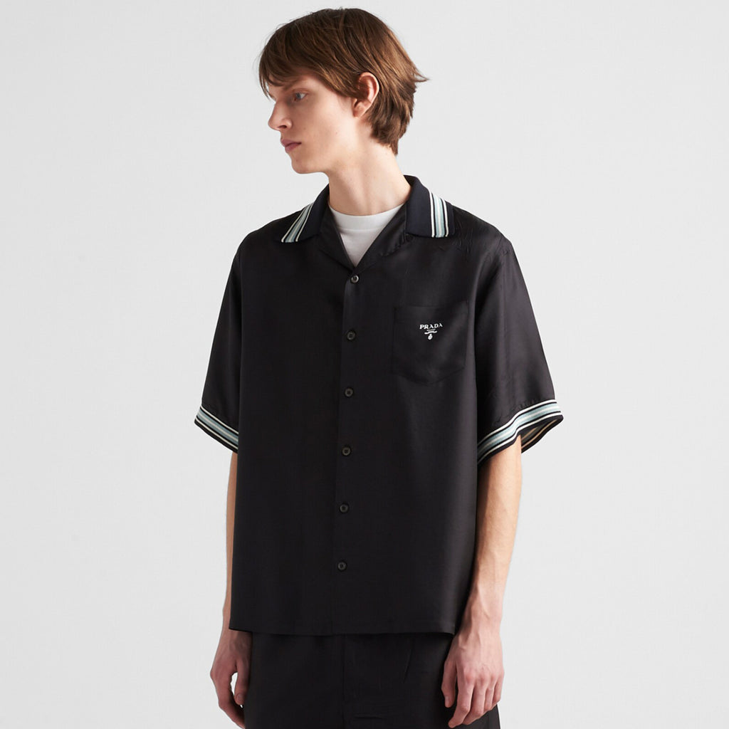 Prada Men's Summer Black Striped Letter Logo Printed Single Breasted Short Sleeve Shirt #99621