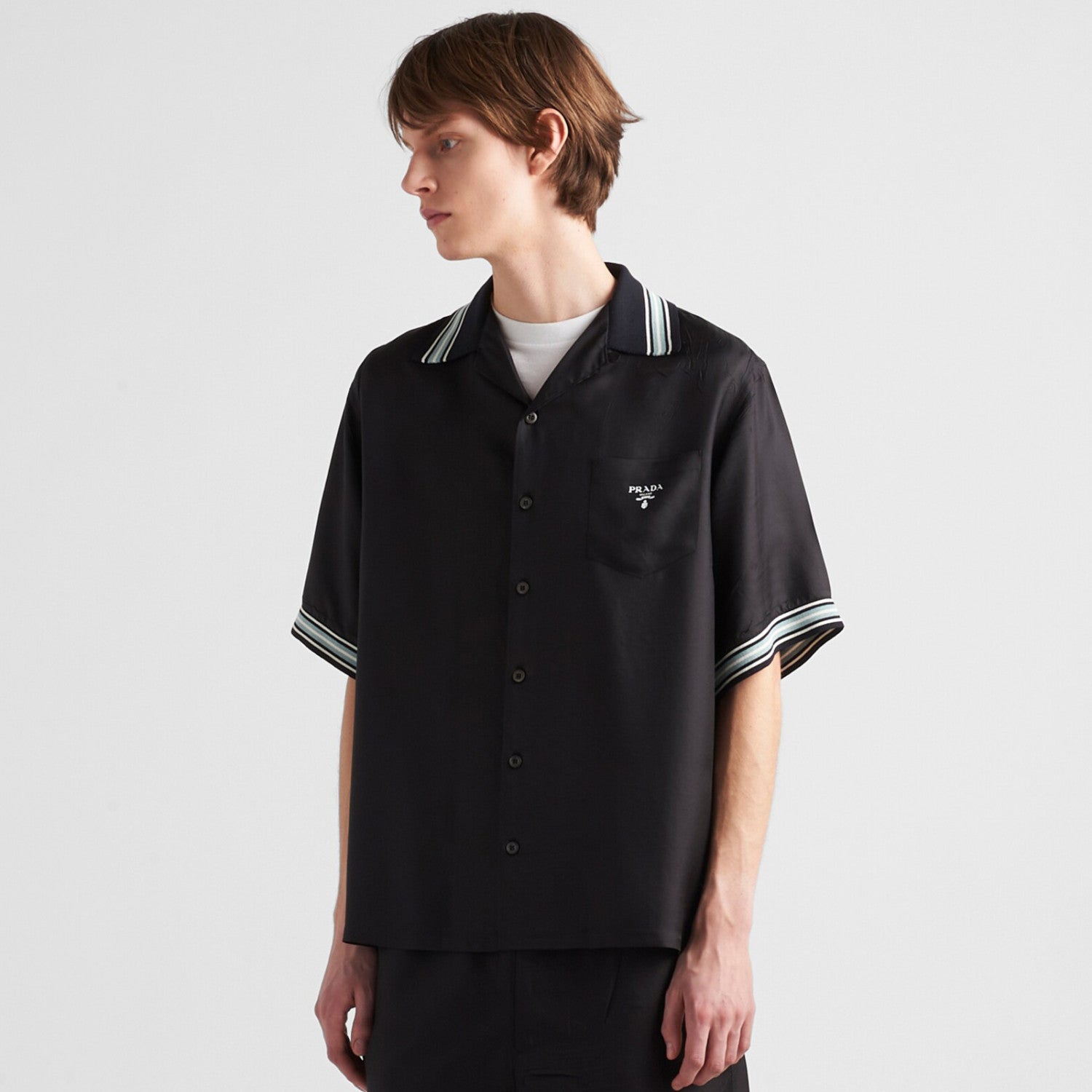 Prada Men's Summer Black Striped Letter Logo Printed Single Breasted Short Sleeve Shirt #99621