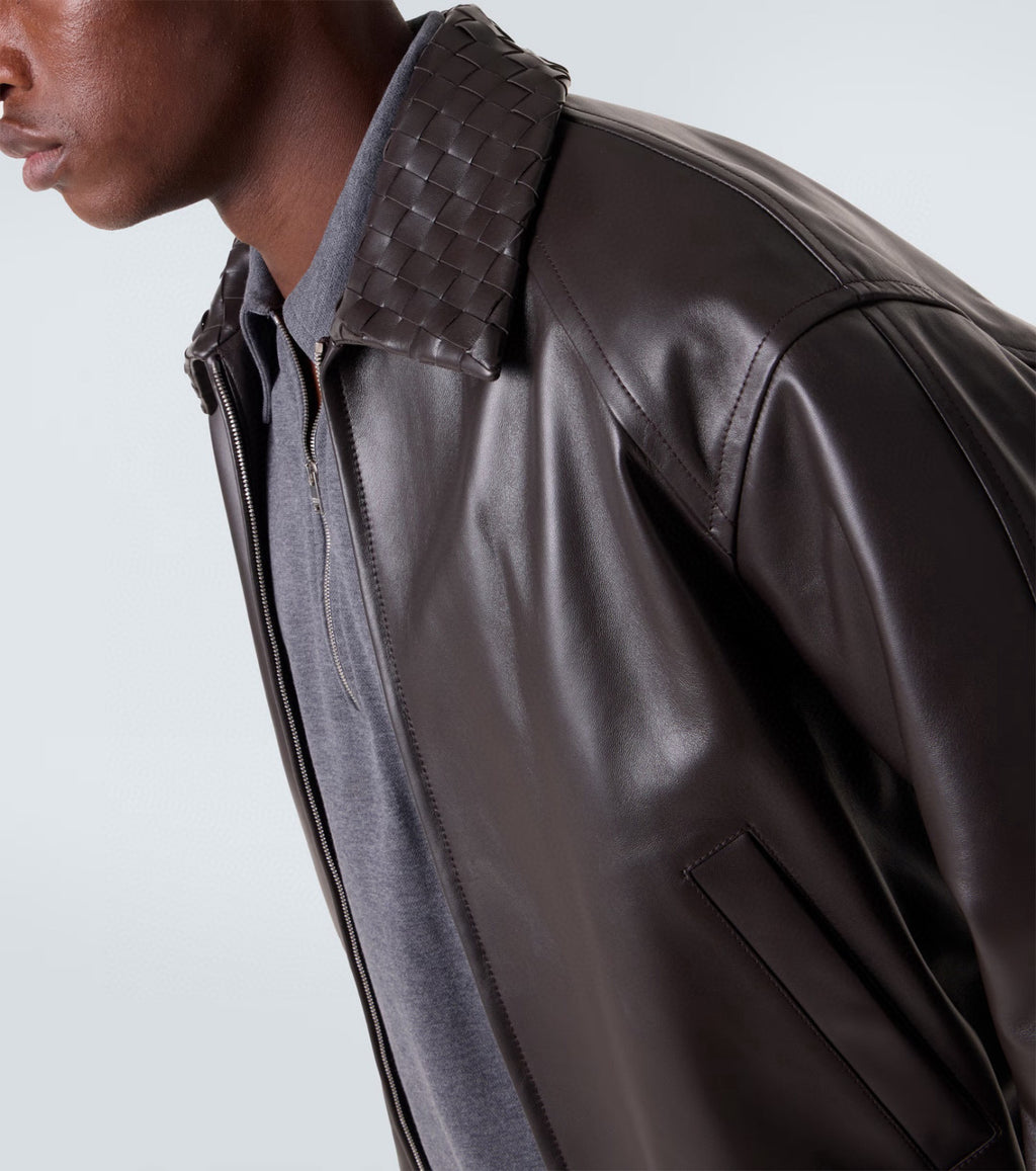 Bottega Veneta Men's Fall And Winter Woven Leather Collar Zipper Leather Jacket Business Casual Fashion Luxury Leather Jacket Coat Ngvp #2484
