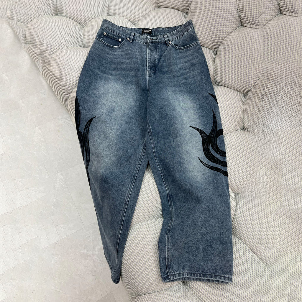 Balenciaga Men's Spring And Fall Fashion Retro Graffiti Washed Fashion Trend Jeans Straight Wide-leg Pants Ngvp #9124