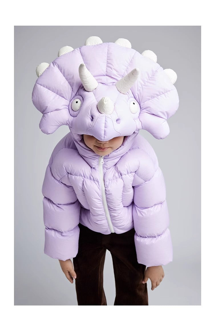 Kid's Autumn And Winter Solid Color Triceratops Jacket Thickened Short Zipper Loose Hooded Puffer Down Jacket #31322