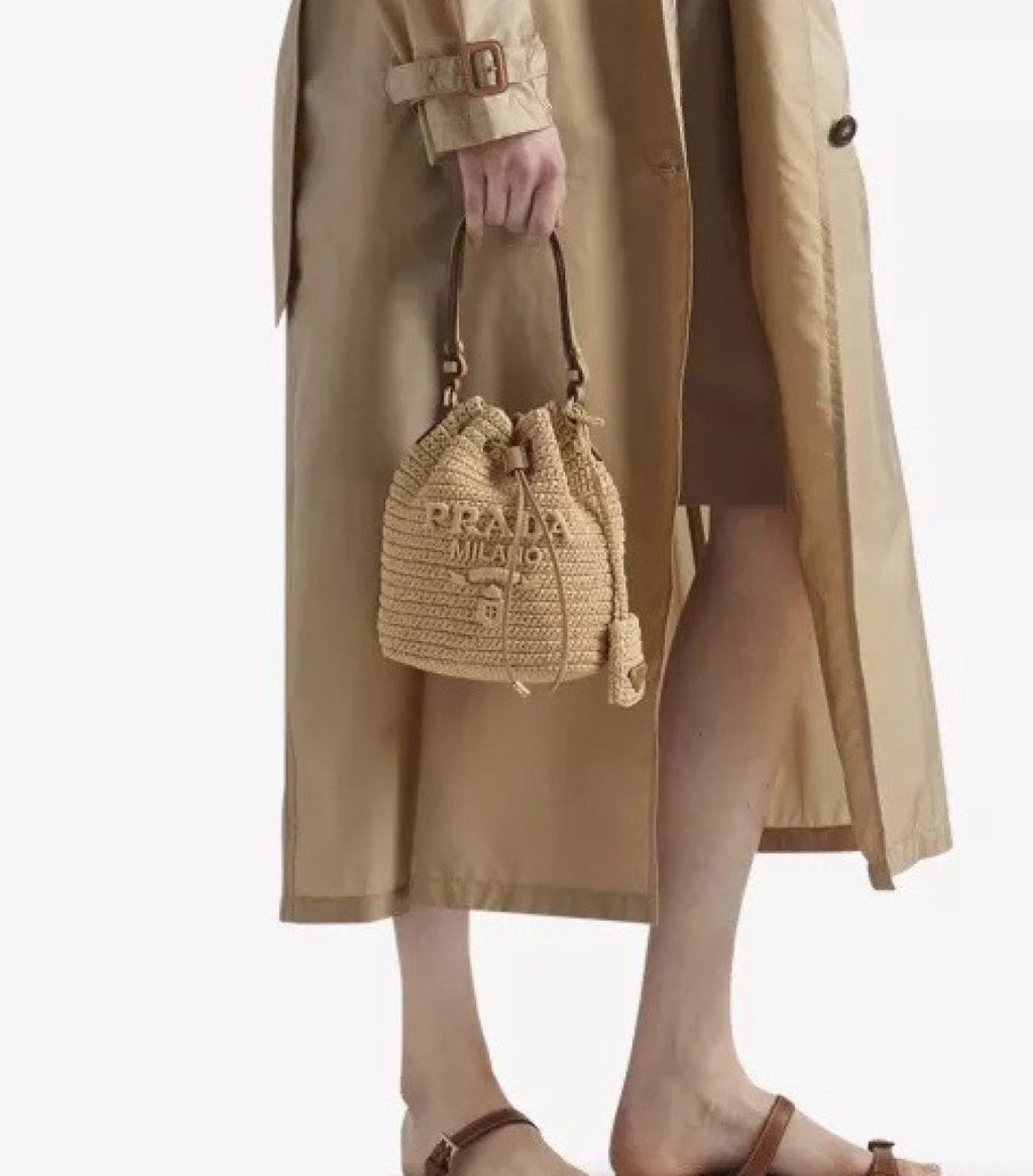 Prada Women's Logo Embroidered Adjustable Detachable Shoulder Strap Lafite Grass Patchwork Leather Bucket Bag Mini Handheld One Shoulder Crossbody Bag  Bags #196301