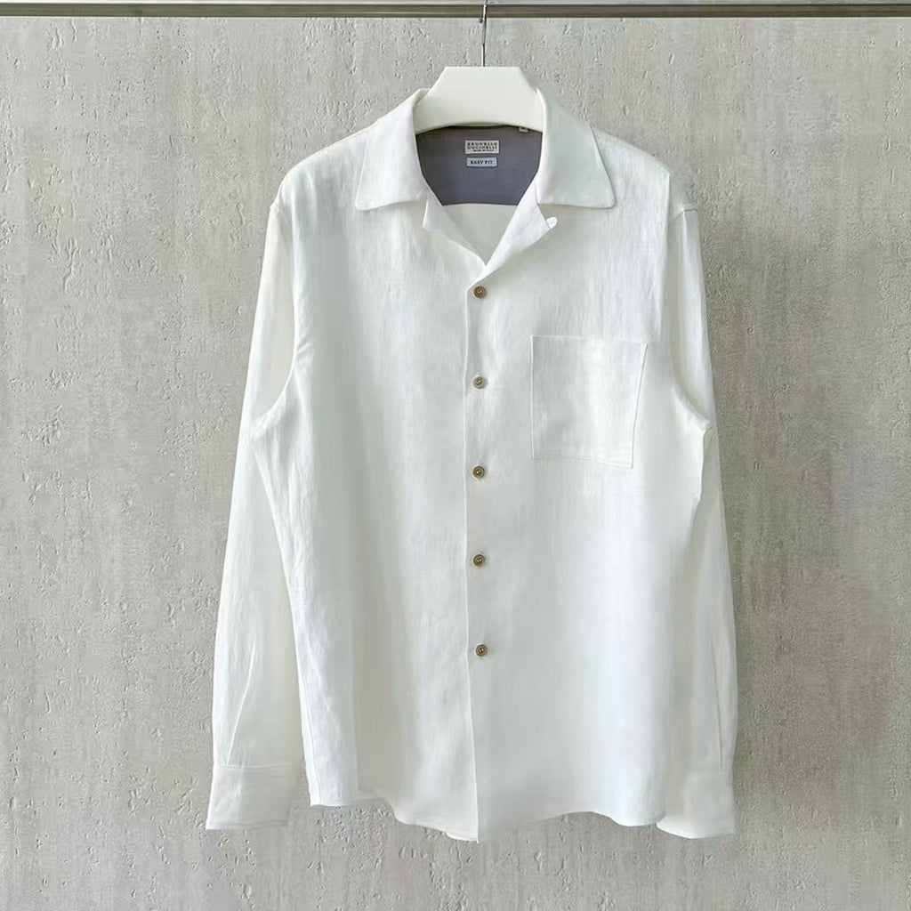 Brunello Cucinelli Men's Linen Easy Fit Shirt with Camp Collar and Chest Pocket Spring And Autumn Solid Color Long Sleeve Top Ngvp #1455