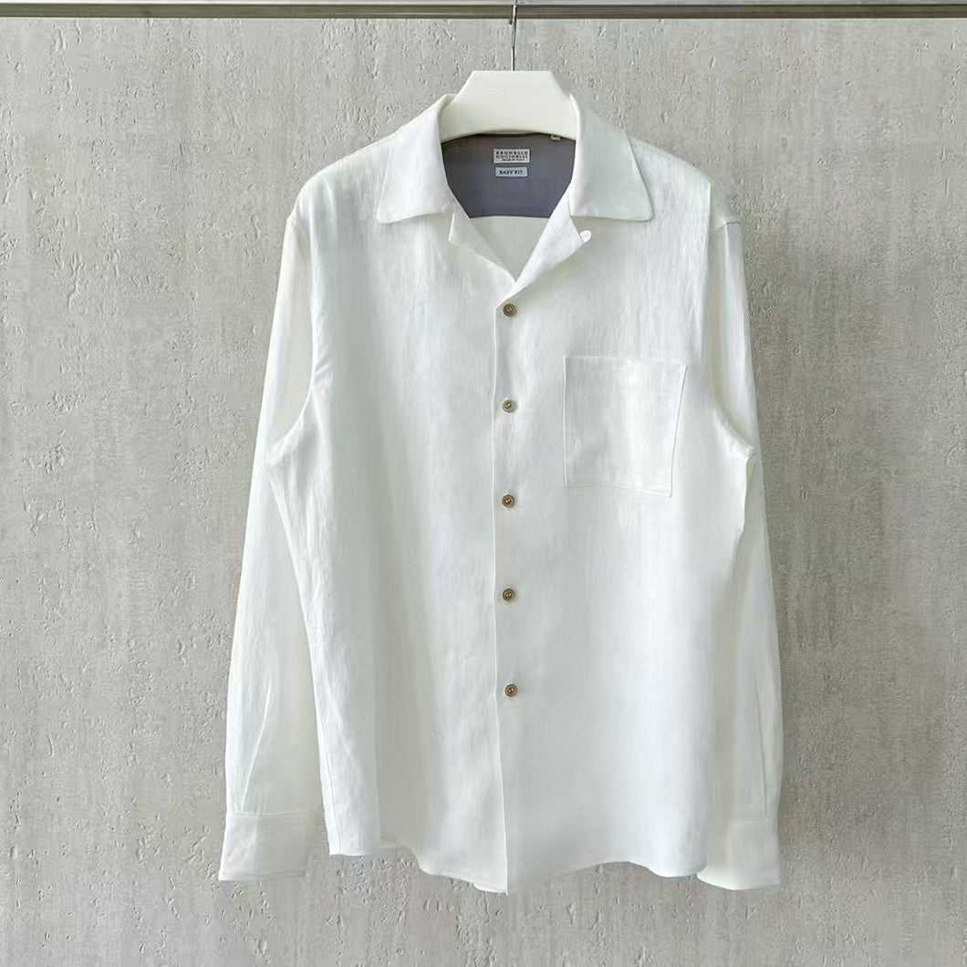 Brunello Cucinelli Men's Linen Easy Fit Shirt with Camp Collar and Chest Pocket Spring And Autumn Solid Color Long Sleeve Top Ngvp #1455