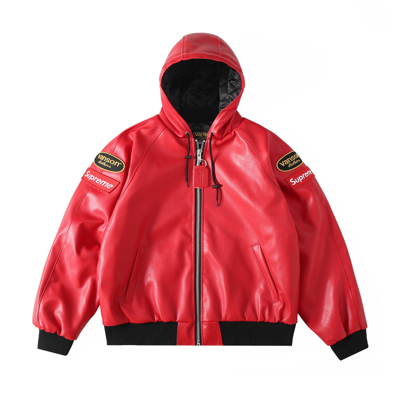 Supreme x Vanson Leathers Men's and Women's Spring and Fall Sleeve Logo Embroidered Patch Zipper Closure Hooded Leather Jacket #75186
