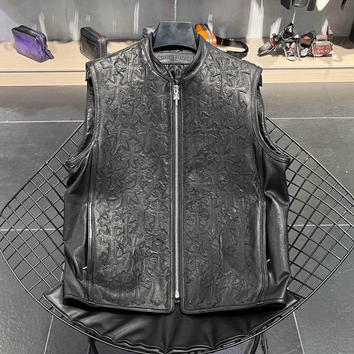 Chrome Hearts Men's Spring/Summer Dark Logo Leather Zipper Sleeveless Waistcoat Vest Jacket #98936