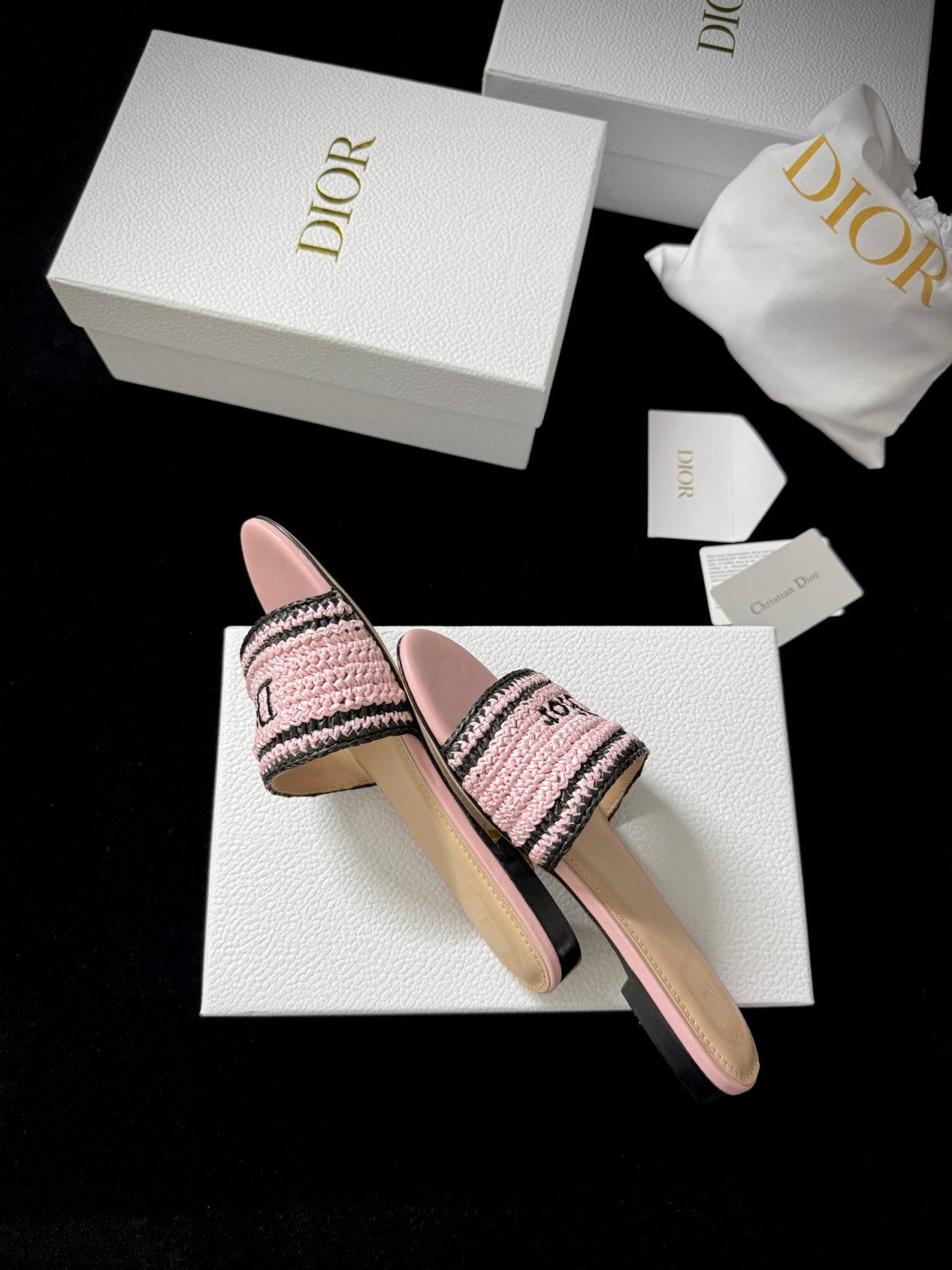 DIOR Dioriviera Dior Woven Slide Soupir Pink Crocheted Raffia-Effect Technical Fabric #387794