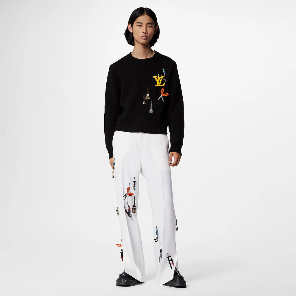 Louis Vuitton Men's Autumn and Winter Black Embroidered Letter Logo Tool Pattern Round Neck Long Sleeve Sweater Pullover #73158
