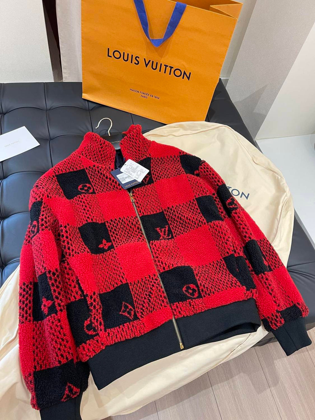Louis Vuitton Men's Fall And Winter Red And Black Checkerboard Pattern Collar Zipper Long Sleeved Jacket #73682