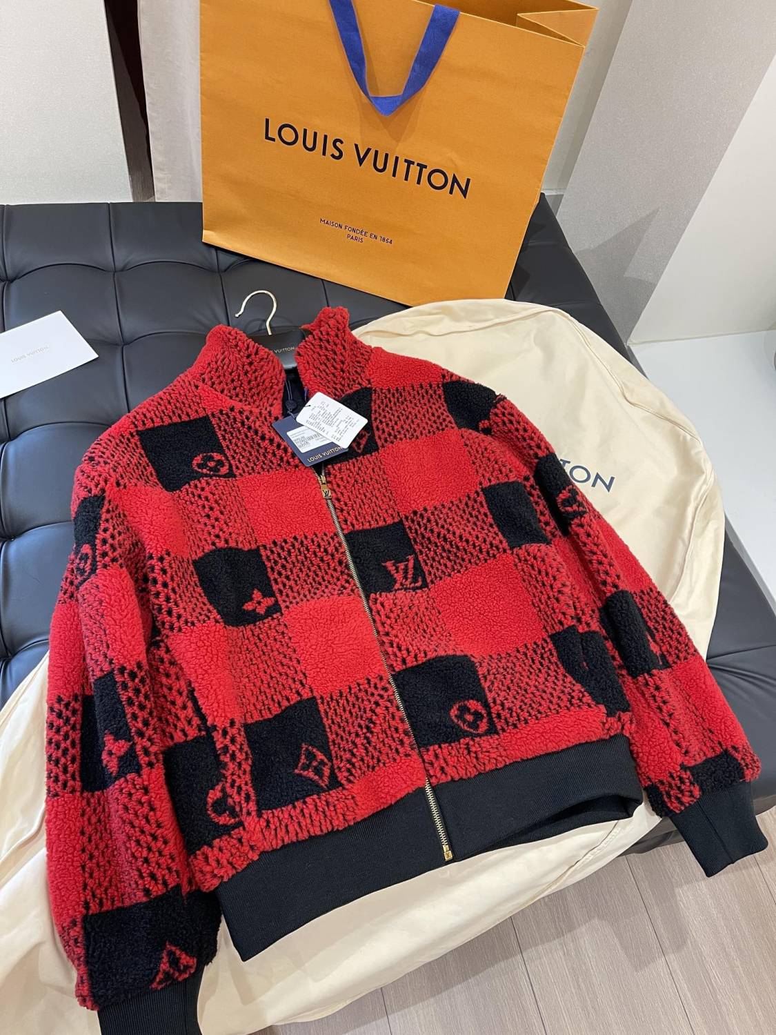 Louis Vuitton Men's Fall And Winter Red And Black Checkerboard Pattern Collar Zipper Long Sleeved Jacket #73682