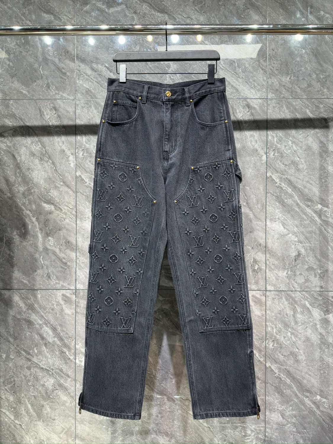 Louis Vuitton Men's Spring/autumn Fashion Casual Classic Logo Embossed Loose Straight Leg Workwear Denim Pants #78388