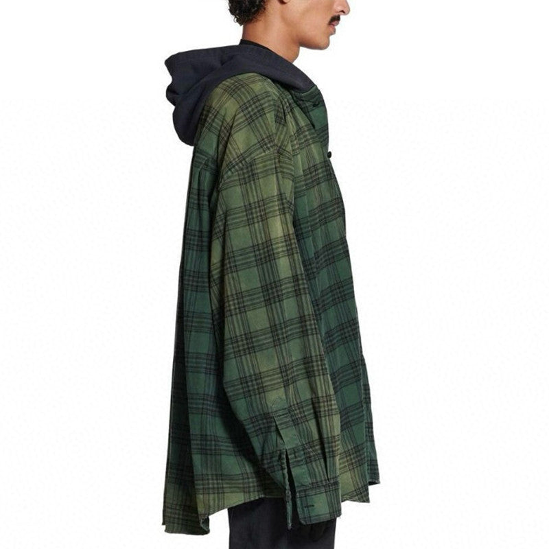 Balenciaga Men's Spring And Summer Fashion Trend Color Blocking Plaid Buttons Hooded Long-sleeved Shirt Loose Casual Ngvp #7448