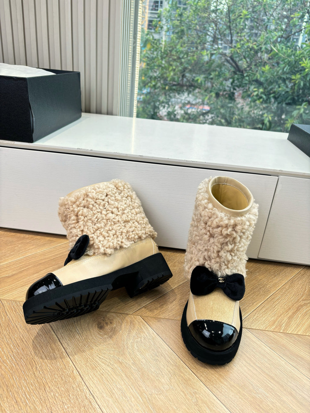 Chanel Short Boots Shearling Lambskin Calfskin Lambskin Patent Calfskin Beige Black #334244