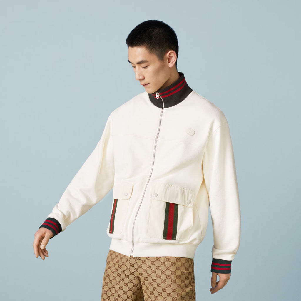 Gucci Men's Autumn Striped Standing Collar Zipper Cotton Fitted Long Sleeve Solid Color Jacket #71452