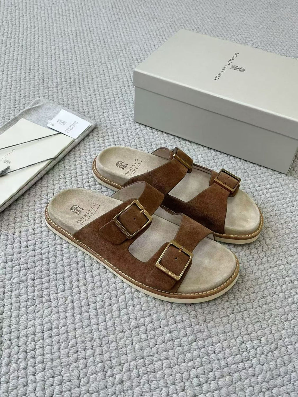 Brunello Cucinelli Suede slides with buckles for Man in Hazelnut