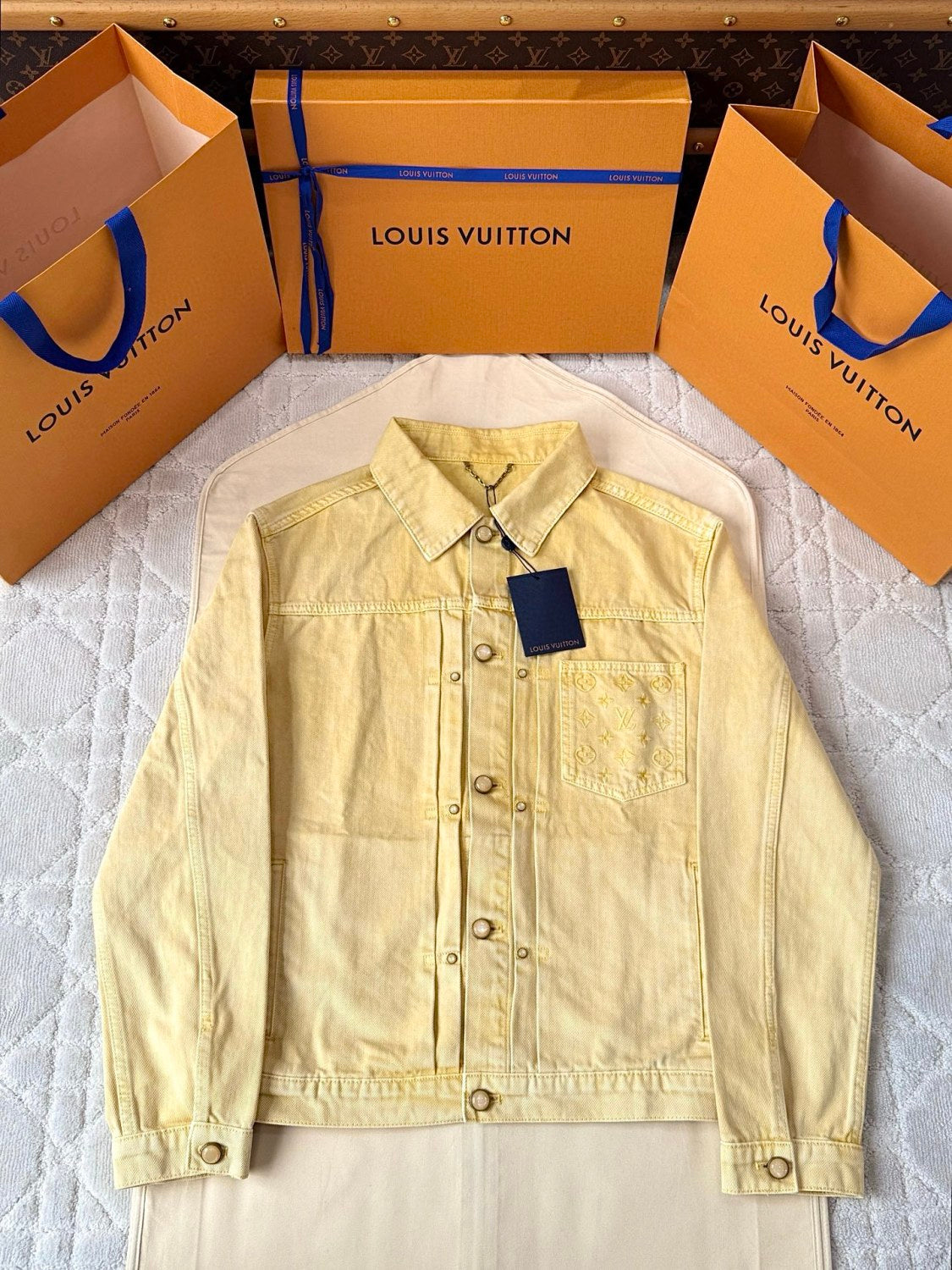Louis Vuitton TYPE II Men's Spring/Autumn Solid Colour Embroidered Letter Print Pocket Single-Breasted Long-Sleeved Denim Jacket and Casual Denim Trousers Pants Set Suit #77715