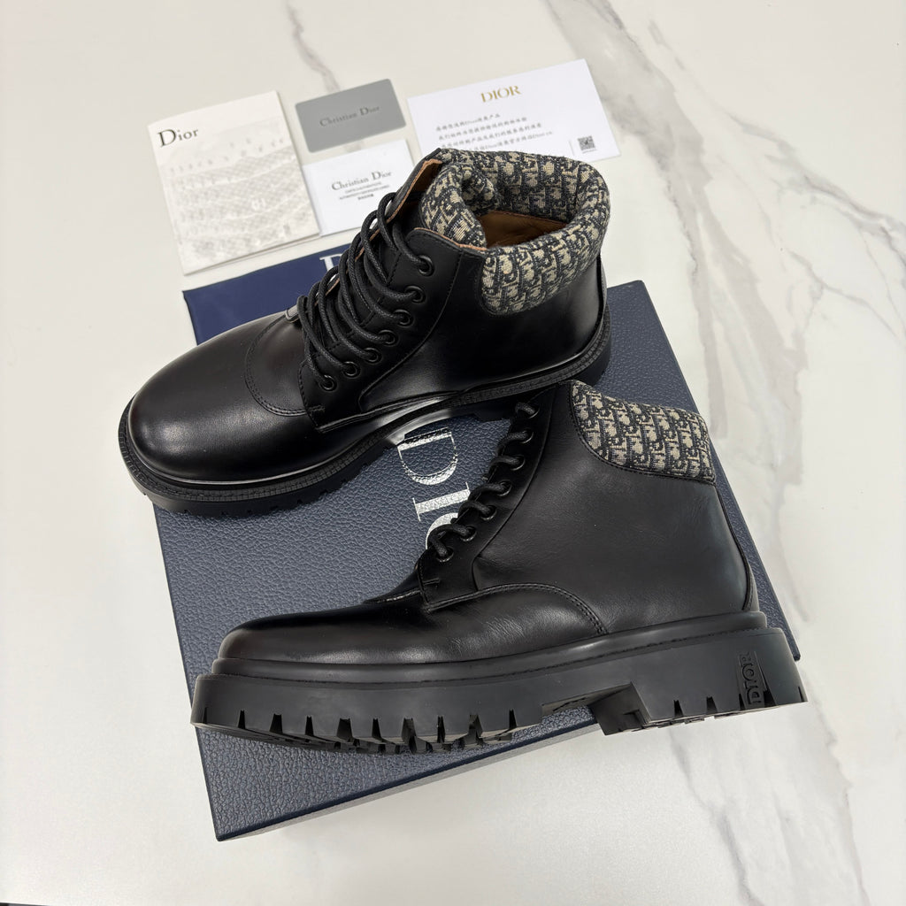 DIOR Dior Explorer III Ankle Boot Black Smooth Calfskin and Black Dior Oblique Jacquard #336112