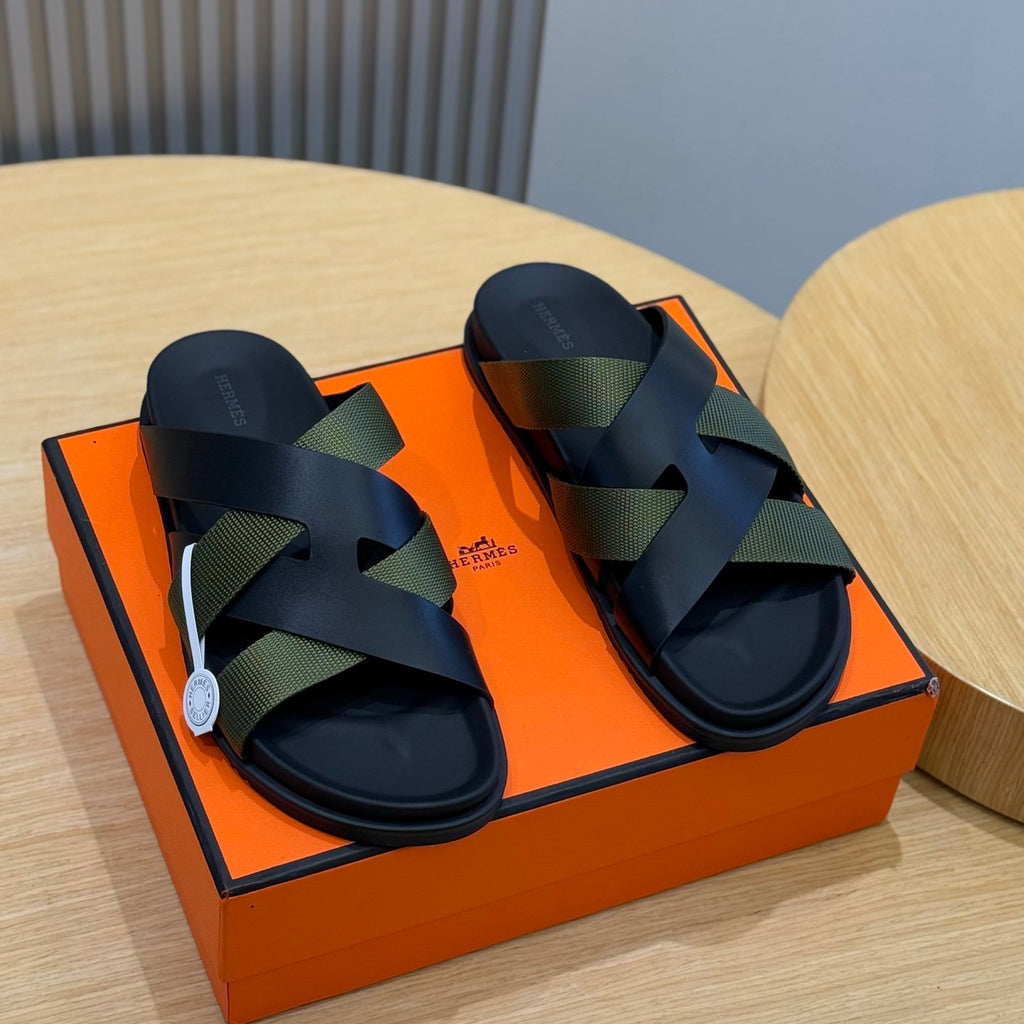 Hermes Men's Summer Solid Color Leather Suede Patchwork Sandals Slippers Shoes #76385