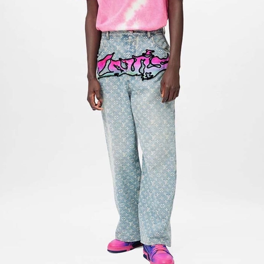 Louis Vuitton Men's Spring and Autumn Blue Logo Full Print Letter Graffiti Jeans Pants #73256