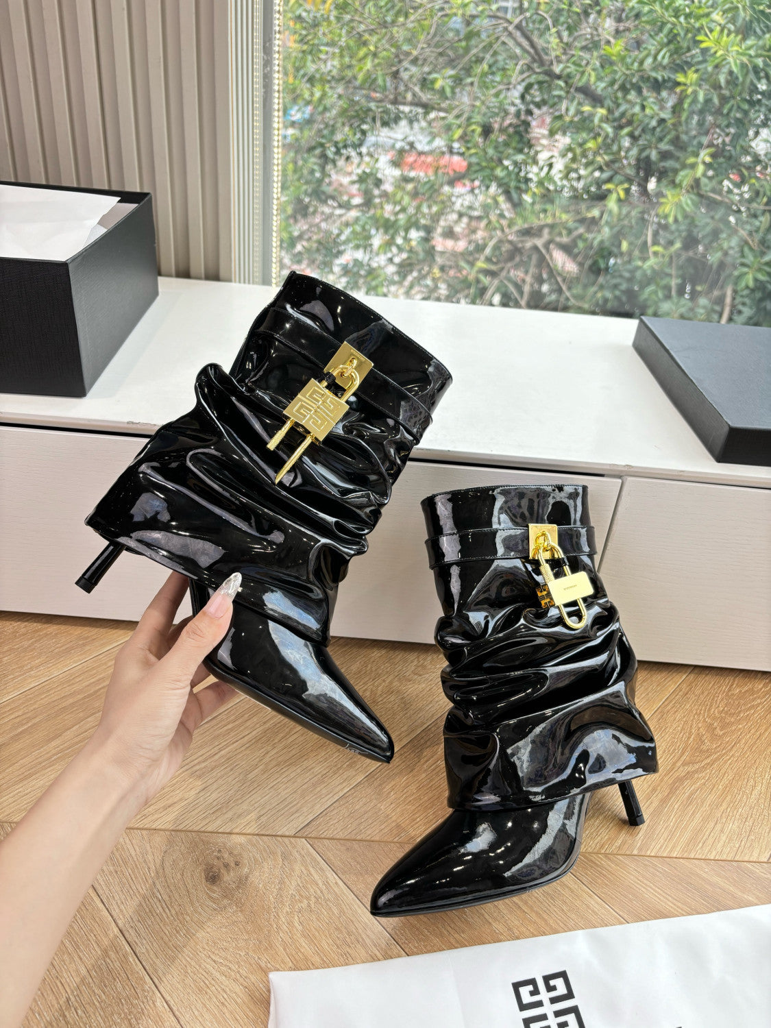 Givenchy Women's New Style Cavalier Boots Glossy Leather Boots Leather Strap Metal Buckle Asymmetric 4G LOGO Metal Padlock #333020