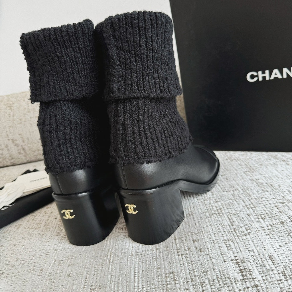 Chanel Women's Fall/winter Fashion Casual Round Toe Slip On Leather Cashmere Loop Cuff Mid Calf Boots Shoes #78536