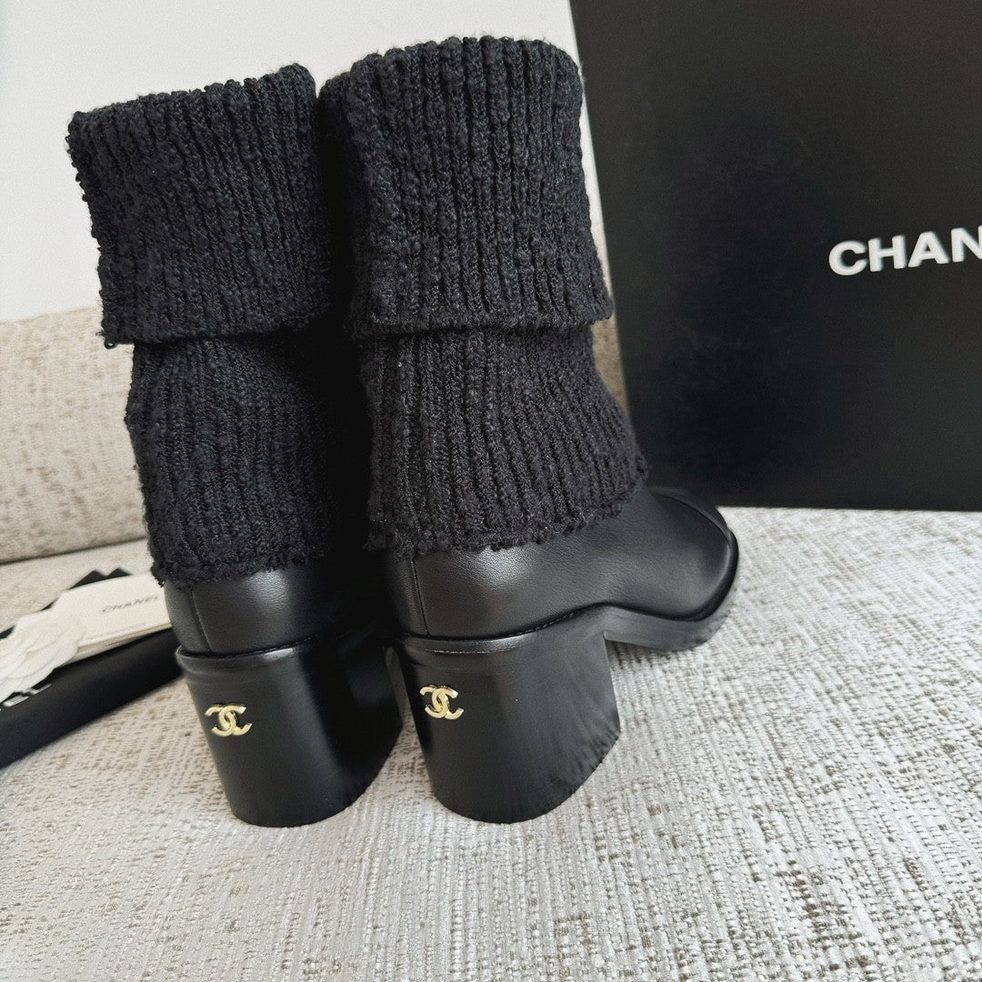 Chanel Women's Fall/winter Fashion Casual Round Toe Slip On Leather Cashmere Loop Cuff Mid Calf Boots Shoes #78536