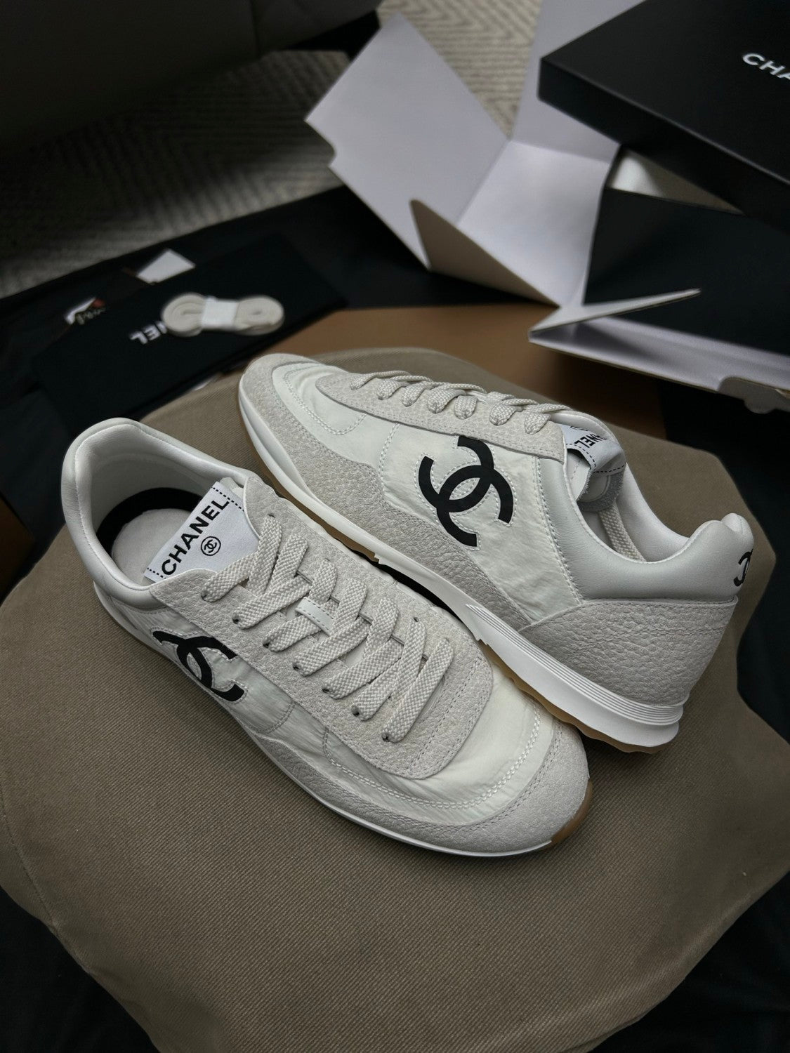 Chanel Sneakers Fabric Embossed Suede Calfskin White Black #379143