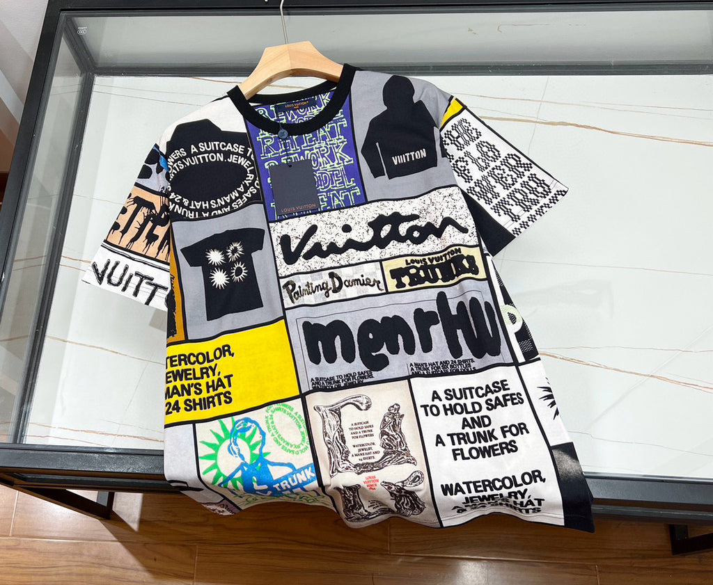 Louis Vuitton Men's Summer Multicolour Splicing Pattern Printed Cotton Round Neck Short Sleeve T-Shirt #97867