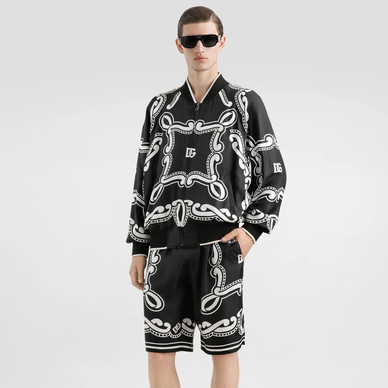 Dolce&Gabbana Men's Summer Bandanna Printed Silk Short Sleeve Shirt Casual Solid Color Elastic Waist Tie Shorts Suit Set #81277