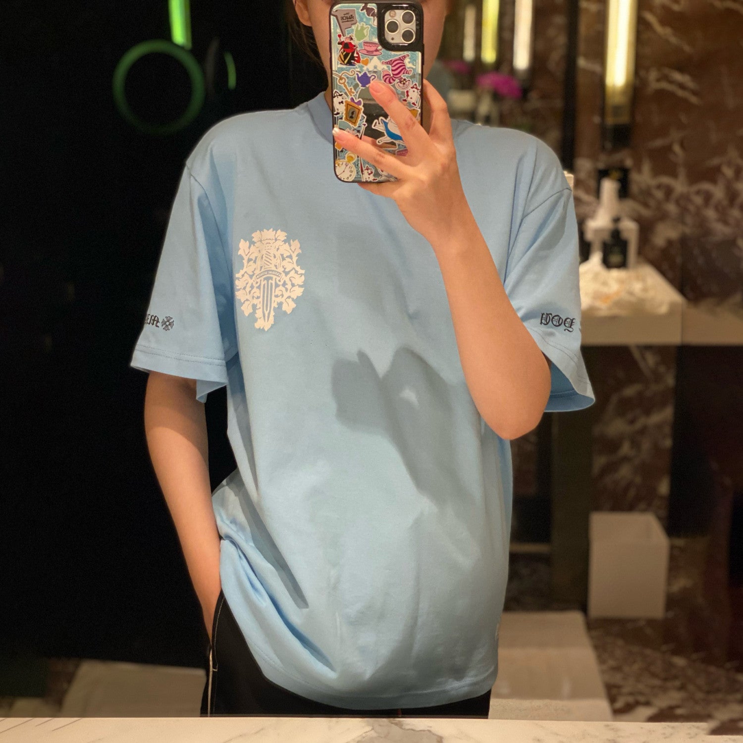 Chrome Hearts Men's and Women's Summer Blue Cotton Round Neck Loose Fit Short Sleeve T-shirt #98569